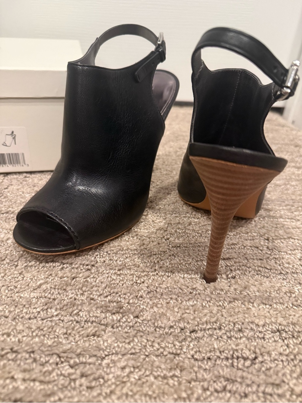 Coach Black Leather Peep-Toe Slingback Heels with Stacked Brown Wood-Look Heel